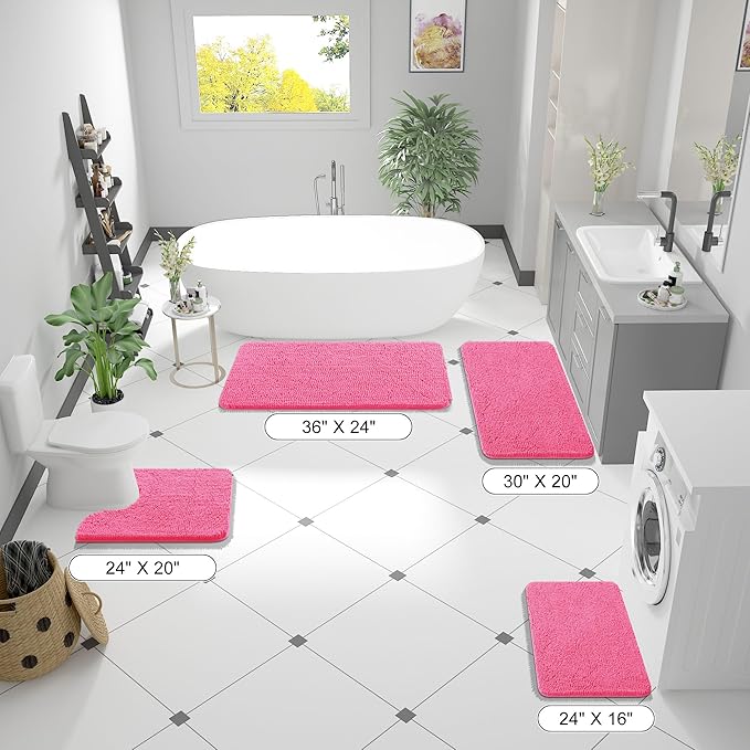 OLANLY Bathroom Rugs 47x17, Extra Soft Absorbent Chenille Bath Rugs, Rubber Backing Quick Dry, Machine Washable Bath Mats for Bathroom Floor, Tub and Shower, Home Decor Accessories, Hot Pink