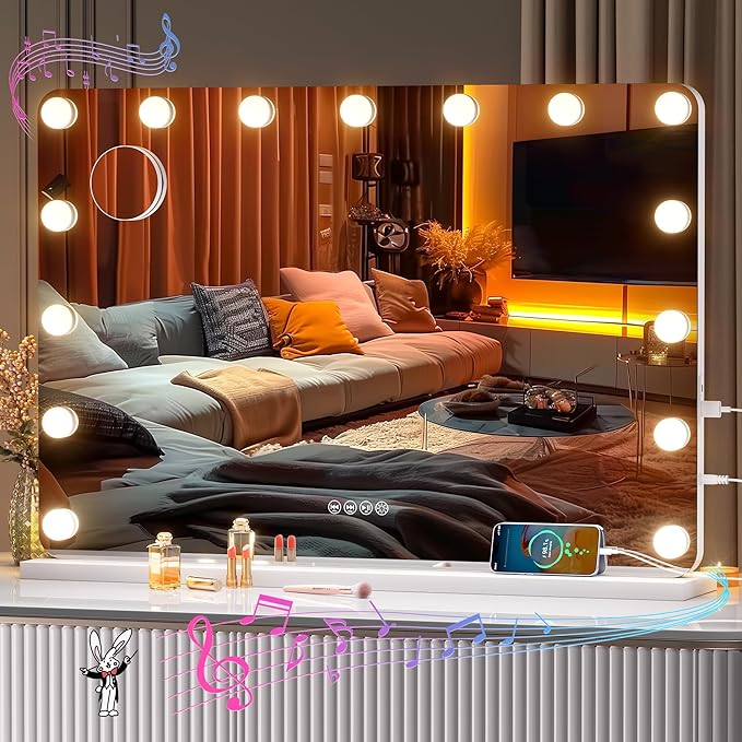 32''X22'' Hollywood Vanity Mirror with Lights, with Bluetooth Speaker, 3 Color Lighting Modes & Stepless Dimming, USB & Type-C Charging Port, 5X Magnification