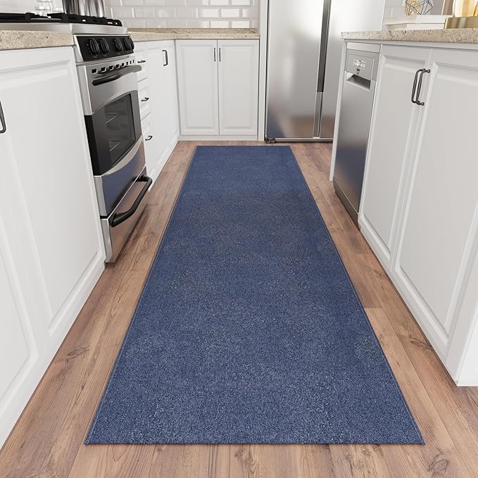 Ottomanson 2'7" x 42' Ultra-Thin Hallway Runner Rug - Durable Non-Slip Carpet for High-Traffic Areas - Fits Under Doors for Seamless Entry - Ideal for Kitchen, Entryway, Bedroom & Living Room, Navy