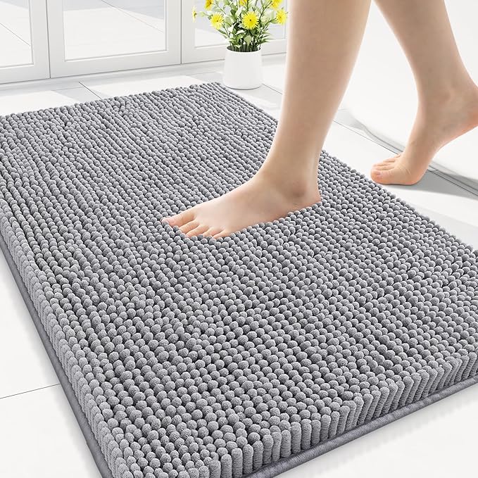 Smiry Luxury Chenille Bathroom Rugs 30x20, Extra Soft and Absorbent Shaggy Bath Mat, Machine Washable, Non-Slip Plush Carpet Runner for Tub, Shower, and Floor, Home Decor Accessories, Grey