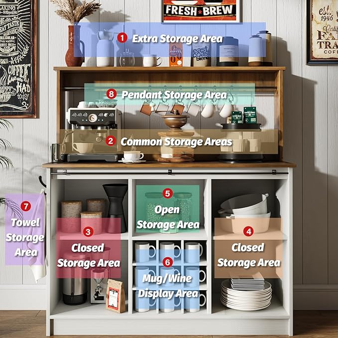 4ever2buy Farmhouse Coffee Bar Cabinet with Hutch, 47 Inch Buffet Cabinet with Storage, White Wine Bar with 9 Wine Racks and 6 Hooks, Coffee Bar Table with Adjustable Shelves for Living Dining Room
