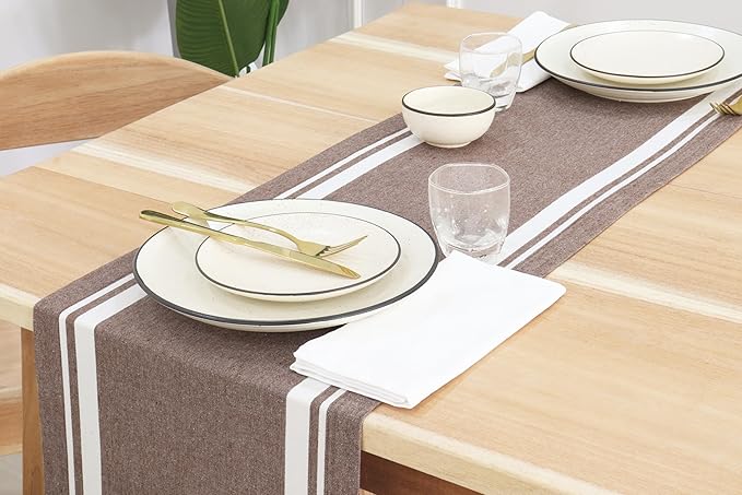 PurpleEssences French Striped Table Runner 72 inches Long Stripe Runner 14 x 72 Inch 100% Cotton - Durable Washable Fabric for Fall Thanksgiving - H.White and Nut Brown