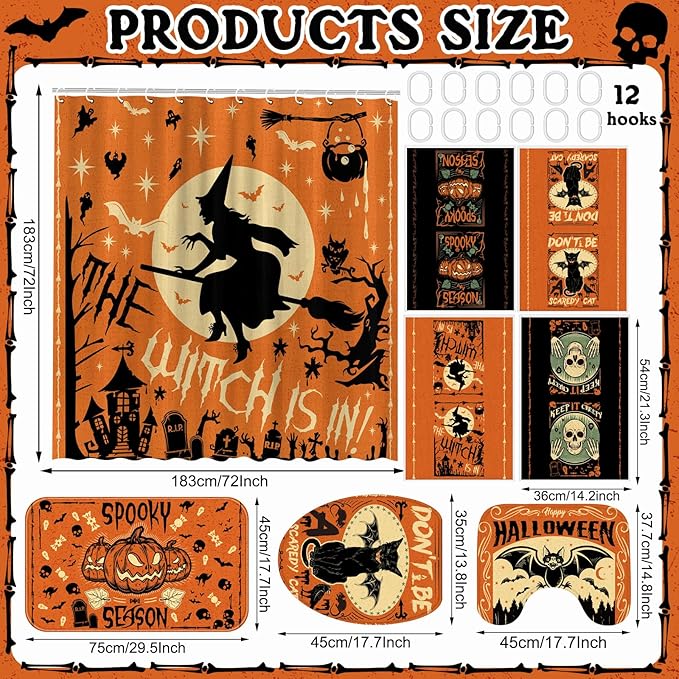 8 Pcs Halloween Shower Curtain Set for Bathroom Include Witch Shower Curtain Black Cat Towels Non Slip Rugs Toilet Lid Cover Spooky Pumpkin Bath Mat and 12 Hooks for Halloween Bathroom Decor