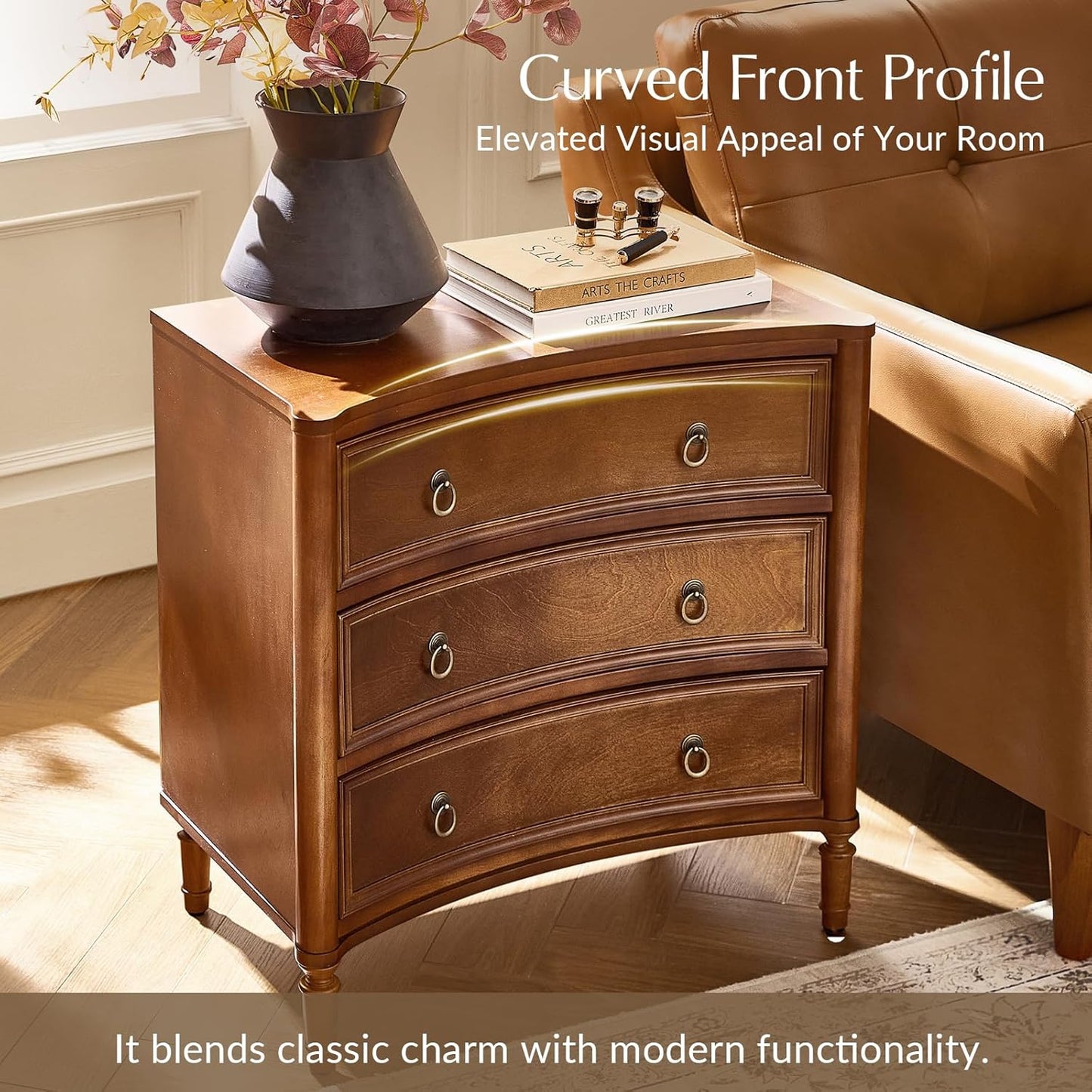 HULALA HOME 3 Drawer Nightstand with Charging Station, 26" Wide Nightstand with Solid Wood Legs and Curved Profile, Classic Bedside Table for Living Room Bedroom, Walnut