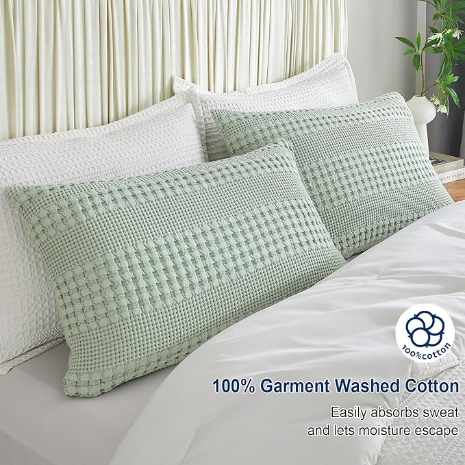 PHF 100% Cotton Waffle Pillow Shams Queen Size, 2 Pack 20" x 30" Soft Skin-Friendly Pillowcases, No Filling, Aesthetic Woven and Breathable Waffle Weave Pillow Case Covers for Bed, Sage Green