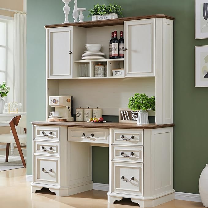 T4TREAM 59" Farmhouse Executive Desk with Hutch,Wood Home Office Computer Desk, Featuring Keyboard Tray,Charging Station,File Drawer, Storage Cabinet,for Work and Study (Antique White)
