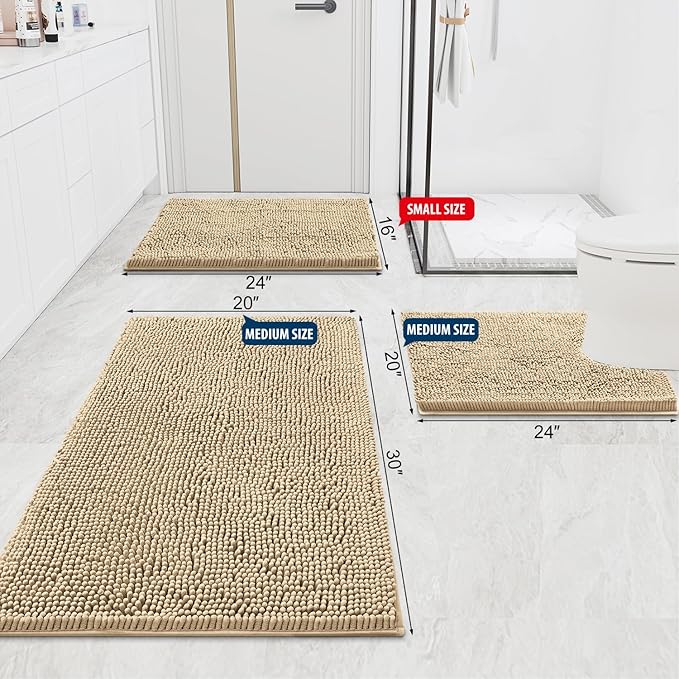 Smiry Luxury Chenille Bathroom Rugs 36x24, Extra Soft and Absorbent Shaggy Bath Mat, Machine Washable, Non-Slip Plush Carpet Runner for Tub, Shower, and Floor, Home Decor Accessories, Beige