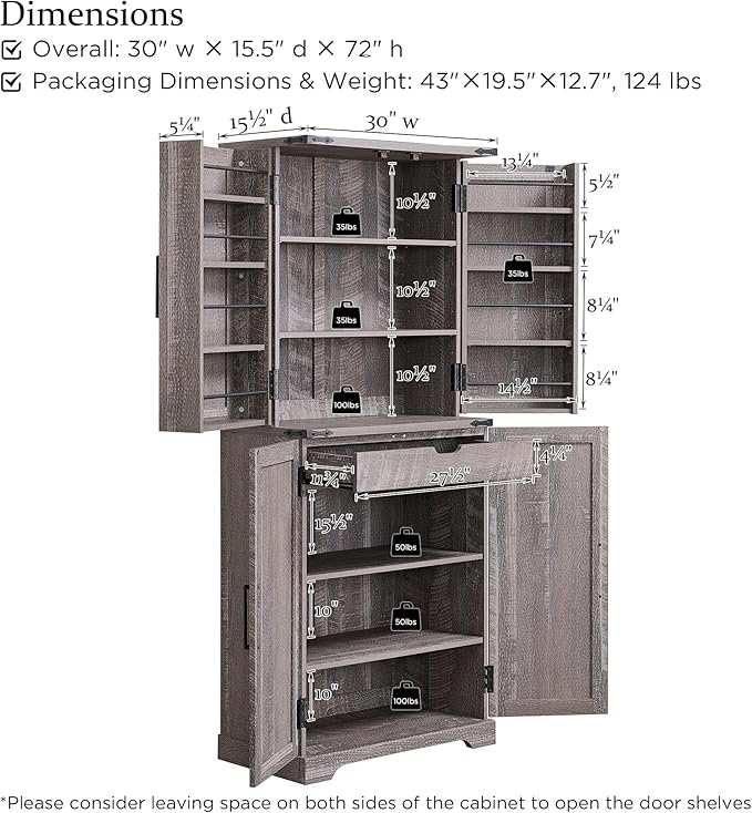 72" Tall Kitchen Pantry, Farmhouse Storage Cabinet with Barn Doors, Organizer, Drawer and Adjustable Shelves, Rustic Wood Cupboard for Kitchen, Dining Room, Bathroom and Hallway, Rustic Grey