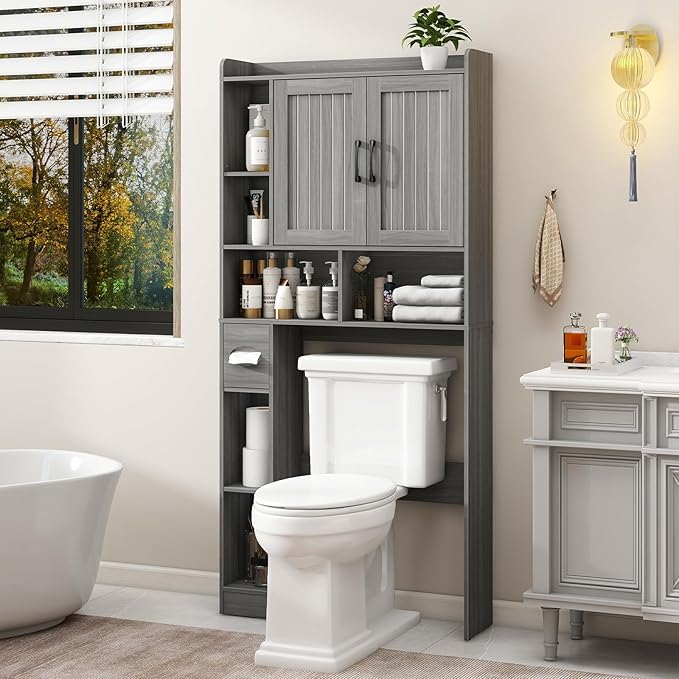 Over The Toilet Storage Cabinet, Farmhouse Storage Cabinet Over Toilet with Barn Door,Home Space-Saving Toilet Rack for Bathroom, Restroom and Laundry.(Wash Grey)
