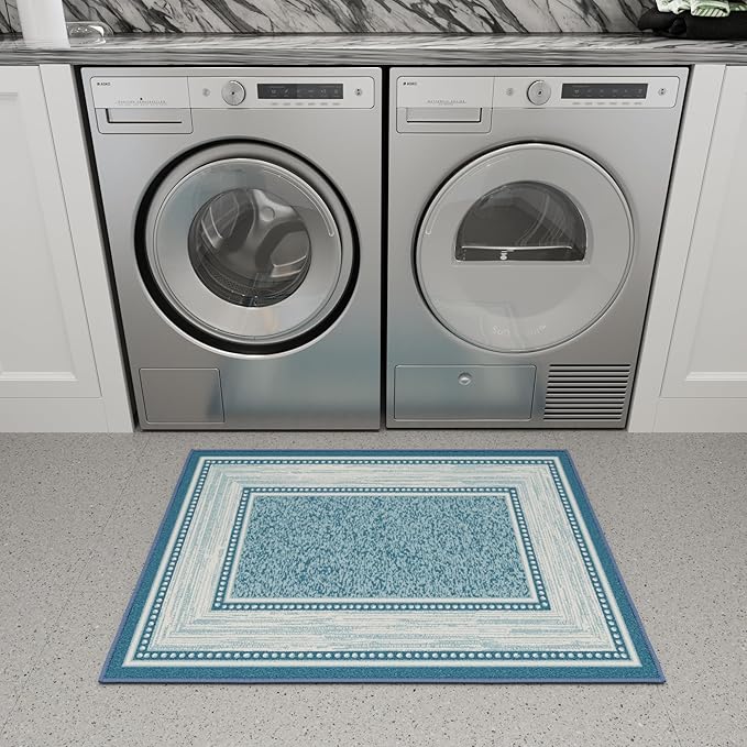 Ottomanson Rugs for Entryway 2'3" x 3' Non Slip Border Small Area Rugs Durable Front Door Mat Rug Stain Resistant Entrance Rugs for Bathroom Kitchen Bedroom & Living Room, Turquoise