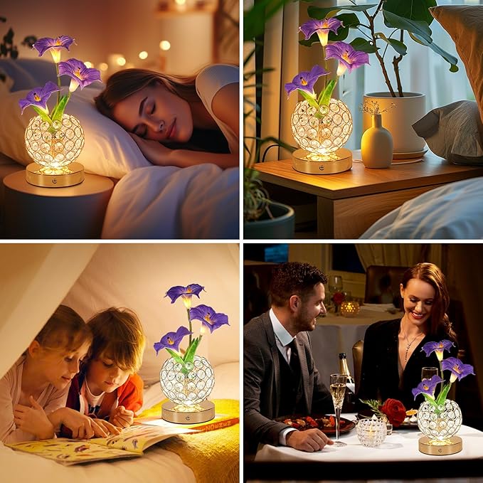 Morning Glory Flower Lamp, Rechargeable Cordless Touch Table Lamp, 3 Color Dimmable LED Night Light, Bedroom Bedside Touch Nightstand Lamp Artificial Flowers Housewamring, Gifts for Women Mom