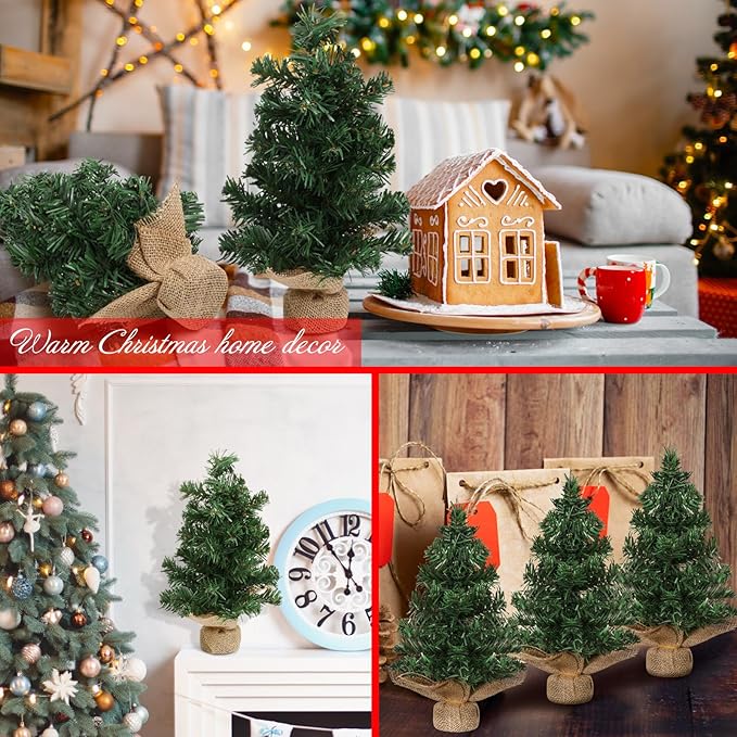 Yinder Tabletop 12 Pcs Mini Christmas Tree 5.91 Inches Artificial Mini Xmas Miniature Pine Christmas Tree with Linen Base for Xmas Holiday Decorations Indoor Home Kitchen Dining Table