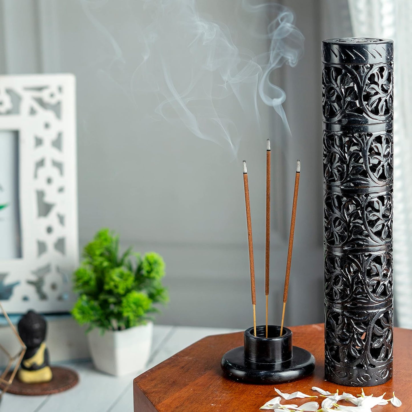 Crocon Handmade Black Marble Soapstone Incense Stick Burner Round Shape Elephant Tower Burner | Incense Cone & Candle Stick Holder | Decorative Home & Kitchen | Living Room Decor | Best Gift Set
