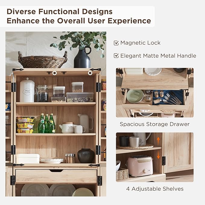 72" Tall Kitchen Pantry with Natural Rattan Doors, Storage Cabinet with Organizer, Drawer and Adjustable Shelves, Wicker Cupboard for Kitchen, Dining Room, and Hallway, Natural Oak