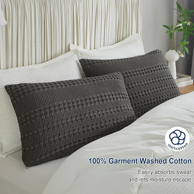 PHF 100% Cotton Waffle Pillow Shams Queen Size, 2 Pack 20" x 30" Soft Skin-Friendly Pillowcases, No Filling, Aesthetic Woven and Breathable Waffle Weave Pillow Case Covers for Bed, Charcoal Grey