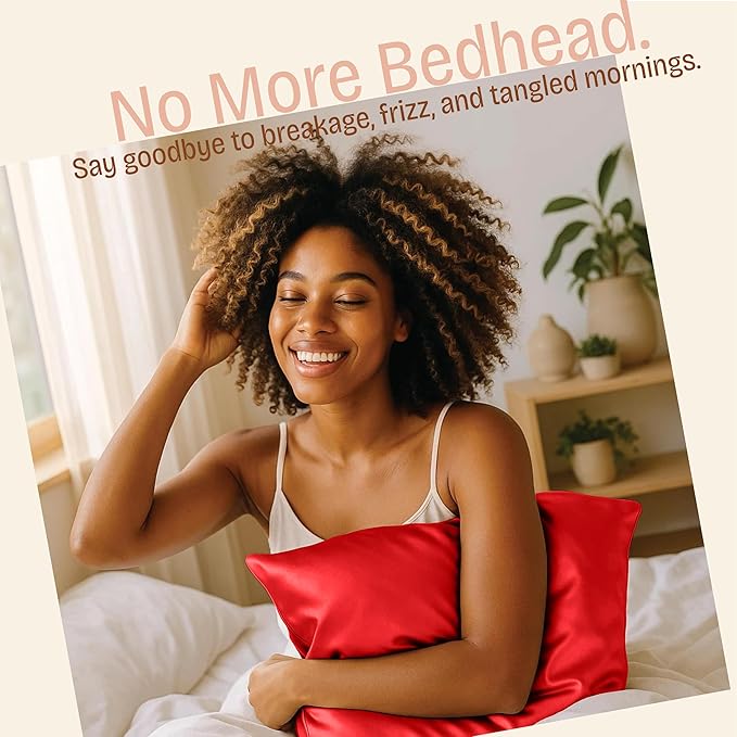 Satin Pillowcase with Zipper, for Hair and Skin Care, Feels Soft and Cool Like a Silk Pillowcase, Red Satin Pillow Cases Set of 2, Slik Pillow Cover, Queen Size - 2 Pack