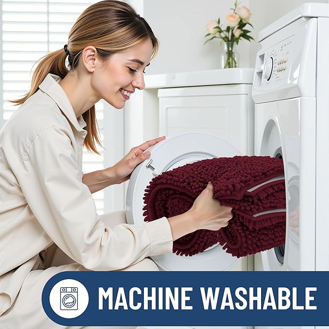 Smiry Luxury Chenille Bathroom Rugs 34x21, Extra Soft and Absorbent Shaggy Bath Mat, Machine Washable, Non-Slip Plush Carpet Runner for Tub, Shower, and Floor, Home Decor Accessories, Burgundy