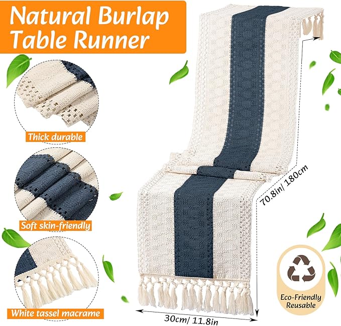 4 Sets Boho Placemats Round Woven Placemats, Cloth Napkins, Wood Bead Napkin Rings, Long Table Runner and Farmhouse Rustic Natural Burlap Cotton for Kitchen Dining Table Home (Blue)