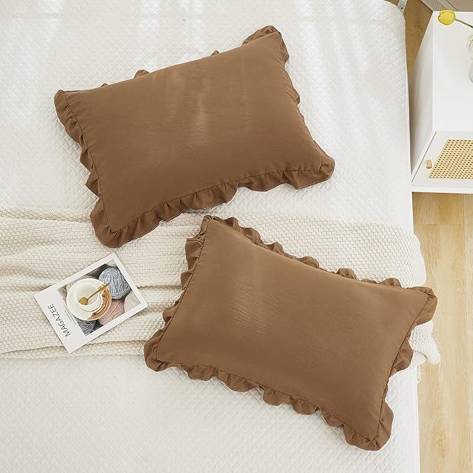 Merryword Brown Ruffle Standard Pillow Shams 20x26inch - Cute Coffee Pillowcases Set of 2 - Shabby Chic Soft Cover 2 Pack