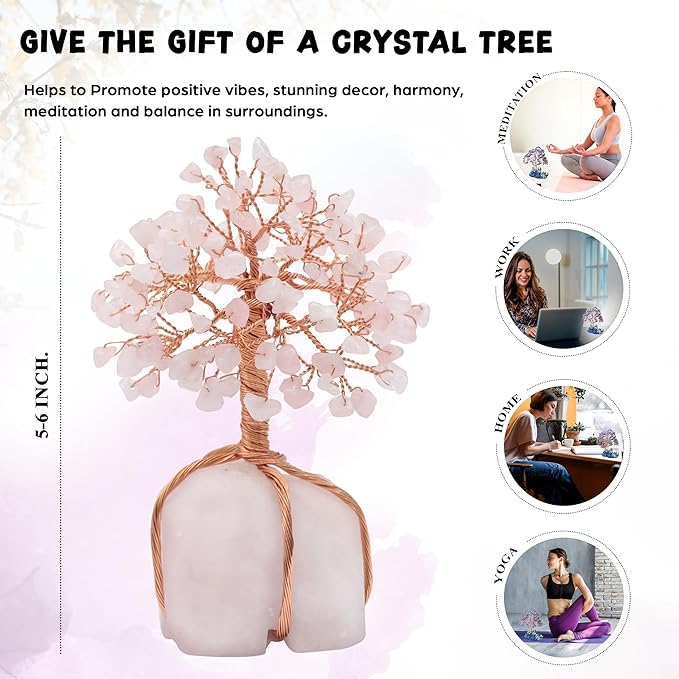 Rose Quartz Gemstone Tree of Life Natural Rose Quartz Stone Base, Copper Wire Money Tree, Crystal for Positive Energy Attract Good Luck, Chakra Feng Shui Decor, Spiritual Gift