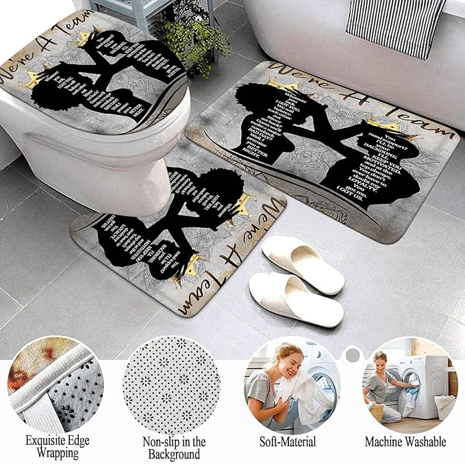 4 Pcs Black King Queen Shower Curtain Set, Inspirational Quotes Black Man Women Bathroom Decor Sets with Shower Curtain and Rugs Toilet Lid Cover Bath Mat, Romantic Waterproof Fabric Shower Curtains