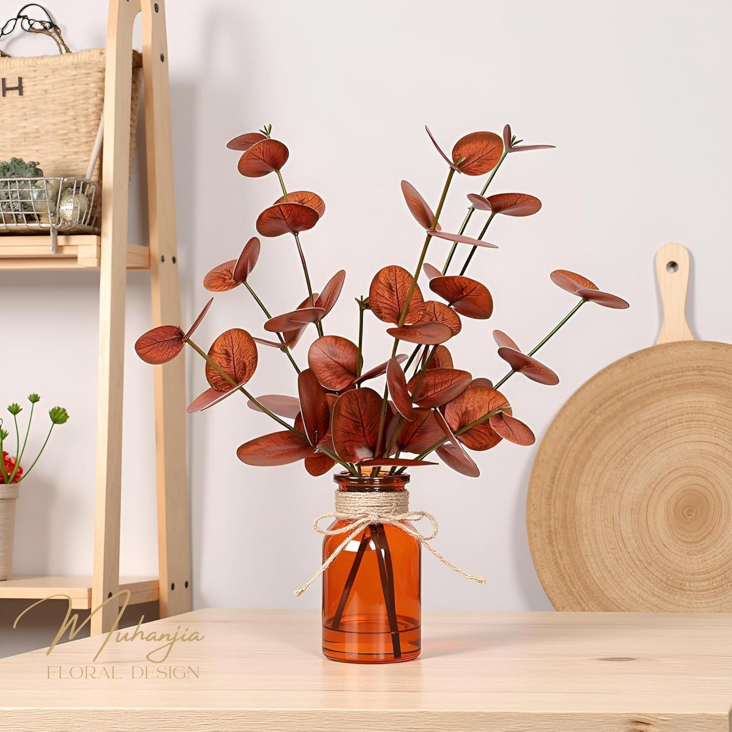 Artificial Eucalyptus Stems in Amber Glass Vase with Faux Water,3Pcs Fake Plant with Double-Sided Terracotta Leaves for Centerpiece (Double-Sided Terracotta Eucalyptus)