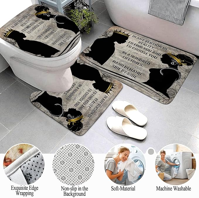 4 Pcs King Queen Couple Shower Curtain Set, Black Man Women Bathroom Sets with Shower Curtains and Rugs Toilet Lid Cover Bath Mat, Romantic Words Waterproof Fabric Bathroom Decor
