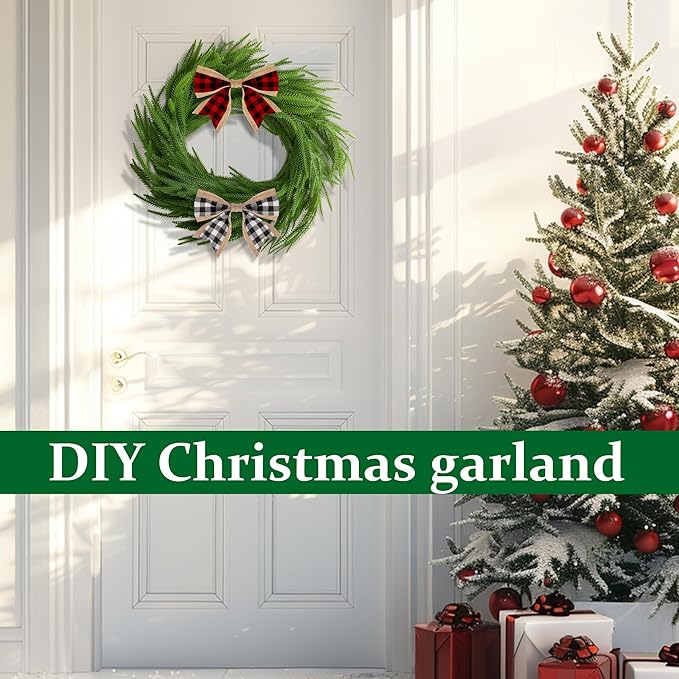 2 Pcs Artificial Christmas Teardrop Swag with Plaid Bow, 28" Faux Pine Needles Teardrop Door Swag, Christmas Norfolk Greenery Teardrop Wreath for Xmas Door Mantle Fireplace Indoor Outdoor Decor