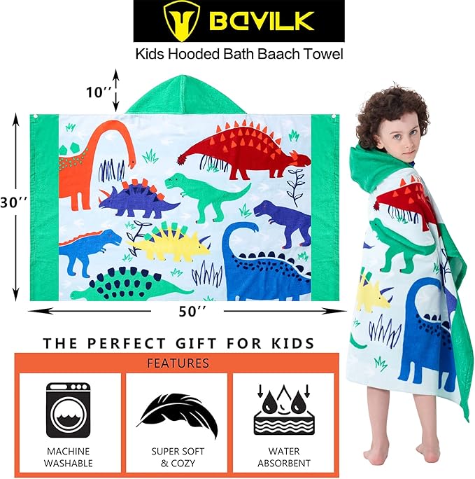 Kids Bath Towels, Kids Towel Girls Boys Hooded Beach,Bathroom,Pool Swim Towels 30 × 50 INCH Large Size Ultra Absorbent Cute Cartoon Animal Full Vitality 100% Cotton Dinosaur Towel| Dino