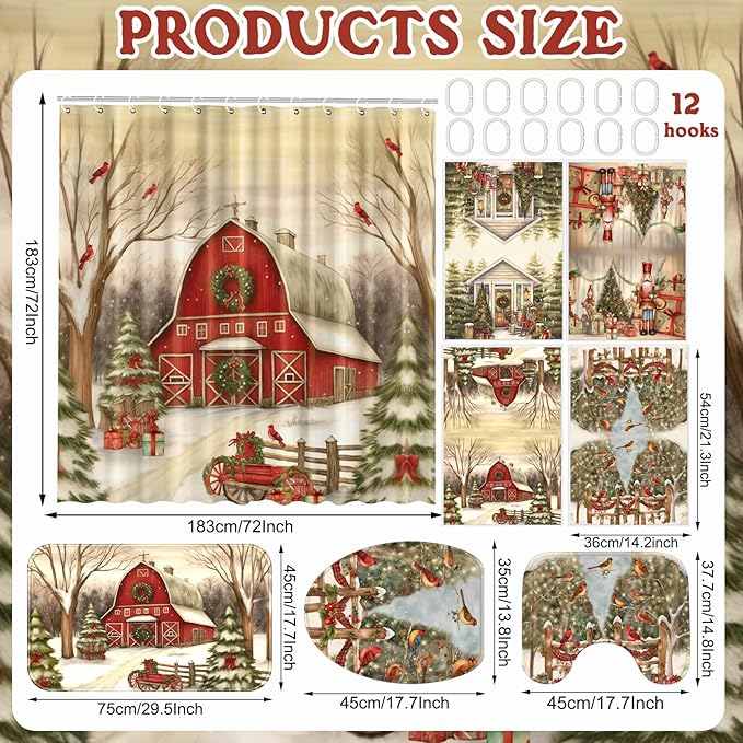 8 Pcs Christmas Shower Curtain Set Xmas Santa Bathroom Decoration Christmas Tree Hand Towels Snowman Toilet Lid Cover Bathroom Rugs Xmas Shower Curtain with Hooks(Farmhouse Style)