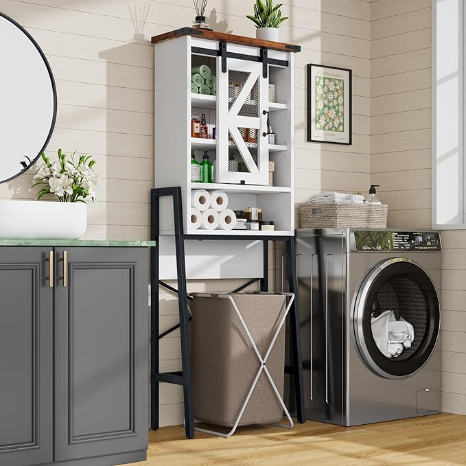 Over The Toilet Storage Cabinet, Above Toilet Storage Cabinet with Adjustable Shelves and Barn Door, Farmhouse Behind Toilet Bathroom Organizer for Bathroom, Laundry Room, Off-White