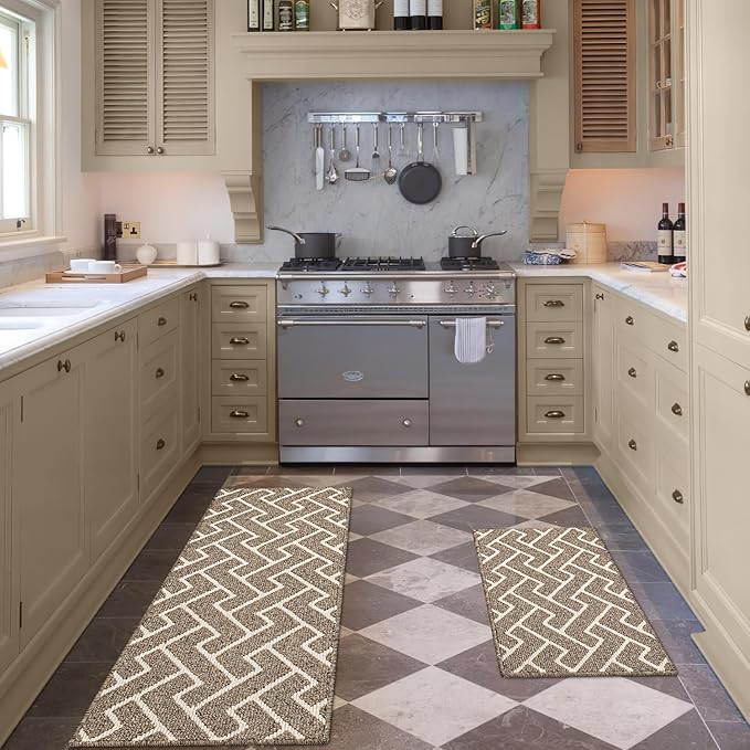 hicorfe Kitchen Rugs and Mats Sets,Non-Slip 2 Pieces Absorbent 100% Polypropylene Rug,Comfort Kitchen Runner Mat,Washable for Kitchen,Sink,Laundry(20" x 31.5" Plus 20" x 59",Beige)