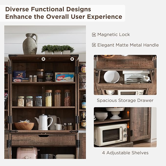 72" Tall Kitchen Pantry, Farmhouse Storage Cabinet with Barn Doors, Organizer, Drawer and Adjustable Shelves, Rustic Wood Cupboard for Kitchen, Dining Room, Bathroom, Rustic Brown