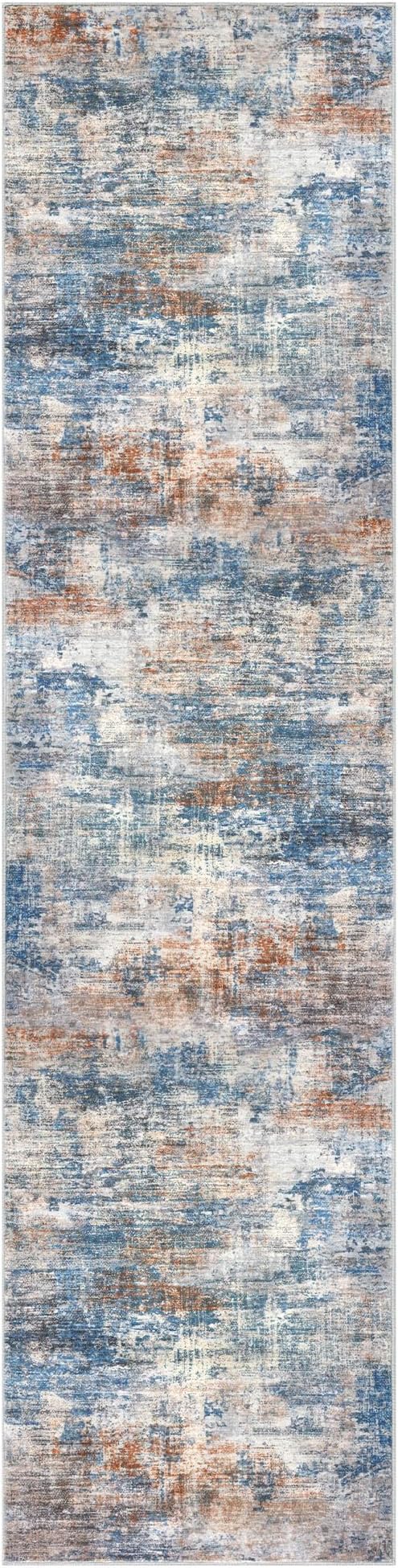 IOHOUZE Abstract Runner Rug 3x12 Ft Washable Runners for Hallways, Non Slip Kitchen Runner Printed Faux Wool Entryway Runner Indoor, Modern Abstract Floor Carpet for Hall Kitchen, Blue Rust