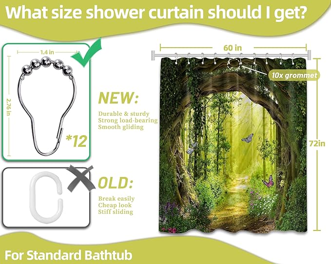 Tree Shower Curtain Green, Nature Garden Shower Curtain Outdoors Scene Shower Curtains for Bathroom, Enchanted Forest Scenic Bathroom Decor Sets, Waterproof Fabric with Hooks (60''W x 72''L)