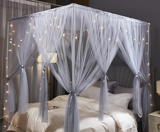 VETHIN 4 Corners Post Princess Bed Canopy Curtain Double Layer Cozy Drape Netting 4 Opening Mosquito Net for Girls & Adults Bedroom Decoration Accessories (Double Gray, 64" W*82" L*82"*H/(Queen))