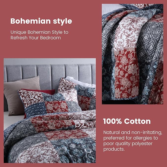 Secgo California King Quilt Size - 100% Cotton Oversized California Comforter Set Bedding Sets (120 * 110 Inch) with 2 Pillow Shams, Patchwork Reversible Lightweight Bedspread