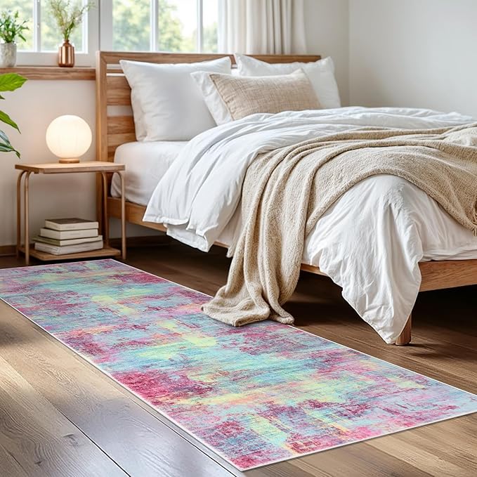 IOHOUZE Abstract Runner Rug 2x6 Ft Washable Runners for Hallways, Non Slip Kitchen Runner Printed Faux Wool Entryway Runner Indoor, Modern Abstract Floor Carpet for Hall Kitchen Bedroom, Pink Teal