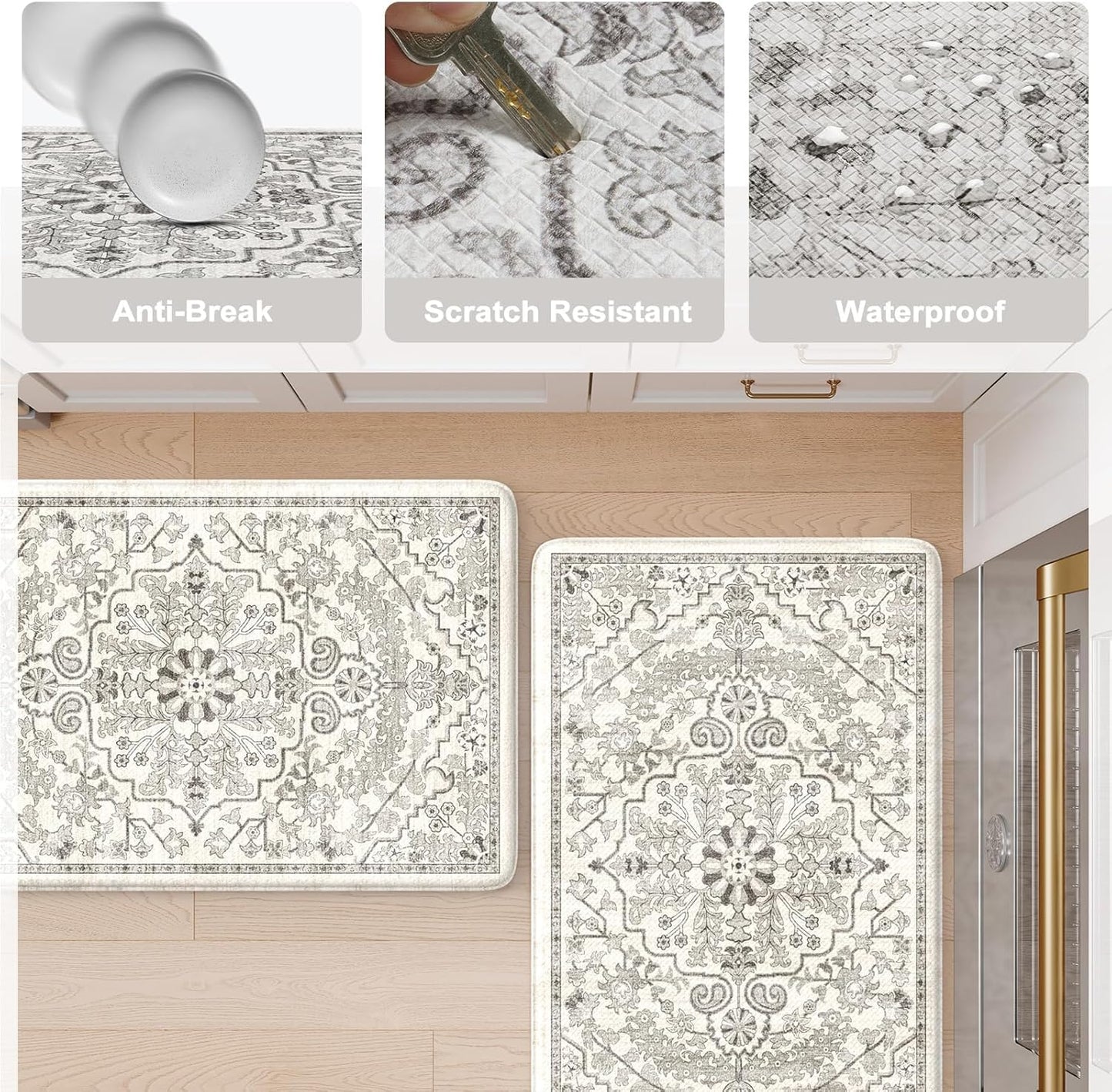 KIMODE Anti Fatigue Kitchen Mats for Floor 2 Piece, Cushioned Boho Distressed Kitchen Rugs, Memory Foam Kitchen Floor Mats, Summer Standing Desk Mats for Laundry Office Sink Grey 20"x59"+20"x32"