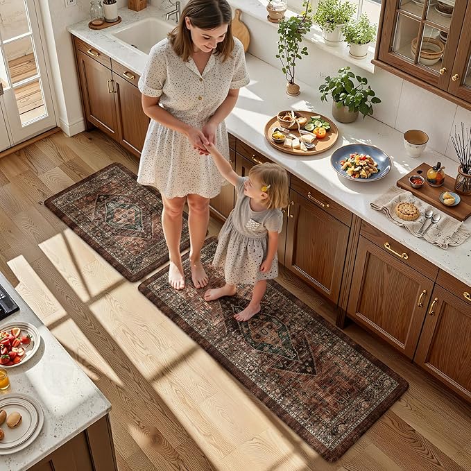 KIMODE Anti Fatigue Kitchen Mats for Floor, Boho Floral Kitchen Rugs Sets of 2, Brick Cushioned Kitchen Floor Mats, Non Slip Standing Desk Mat for Sink Laundry Office Desk 20"x47"+20"x32"