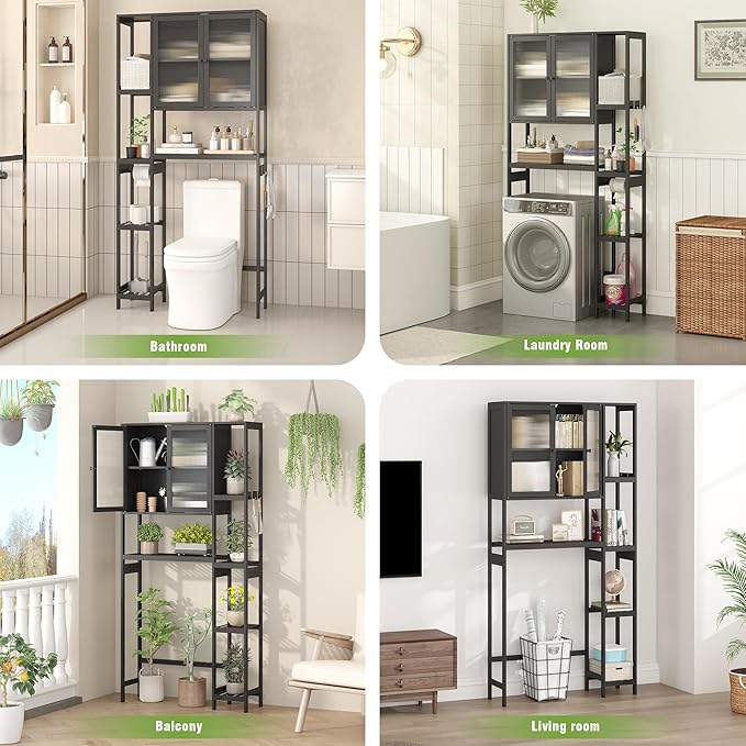 Over The Toilet Storage Cabinet Above Toilet Bathroom Organizer with Toilet Paper Holder Stand Bath Organizer with Adjustable Shelves & Acrylic Doors,Anti-Tip Device (Black, 3 Tiers with Cabinet)