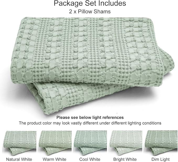 PHF 100% Cotton Waffle Pillow Shams Queen Size, 2 Pack 20" x 30" Soft Skin-Friendly Pillowcases, No Filling, Aesthetic Woven and Breathable Waffle Weave Pillow Case Covers for Bed, Sage Green