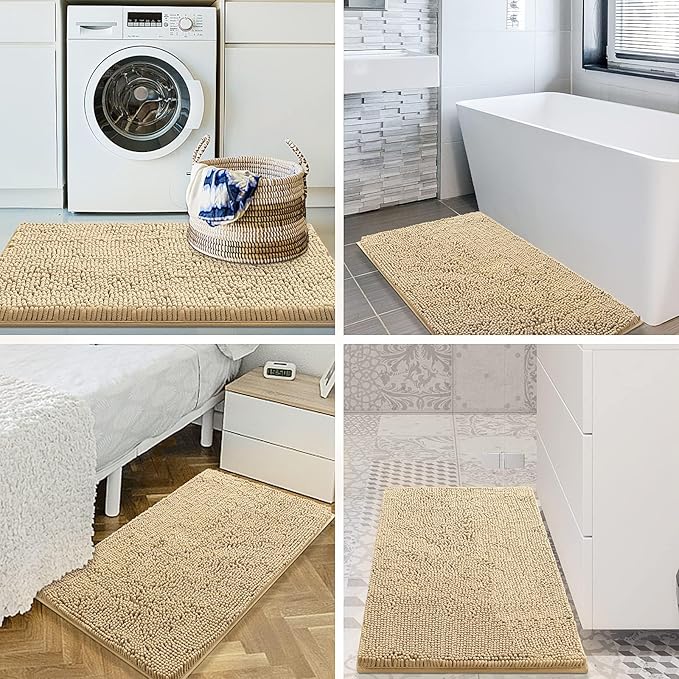 Smiry Luxury Chenille Bathroom Rugs 36x24, Extra Soft and Absorbent Shaggy Bath Mat, Machine Washable, Non-Slip Plush Carpet Runner for Tub, Shower, and Floor, Home Decor Accessories, Beige