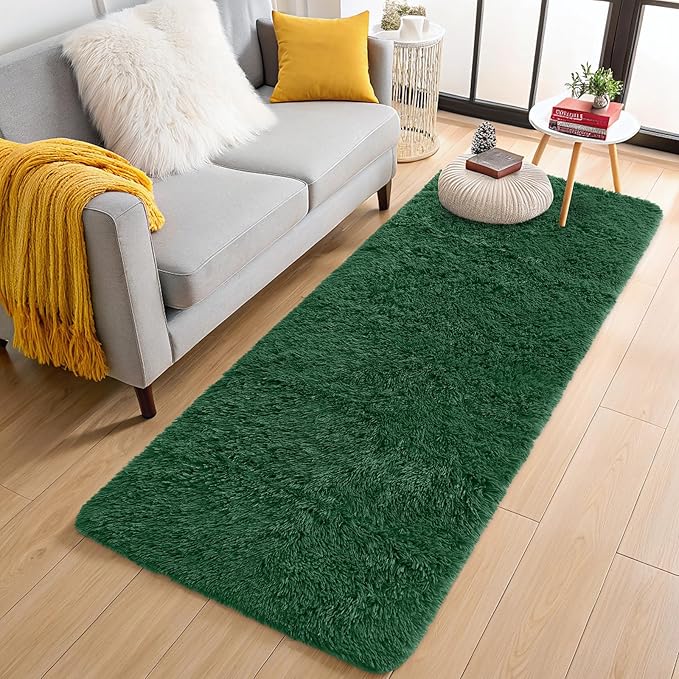 OLANLY 2x8 Machine Washable Runner Rugs for Hallway, Soft Fluffy Shaggy Bedside Rugs for Bedroom, Living Room, Indoor Floor Carpet for Kids Girls Boys, Nursery Rooms, Home Decor Aesthetic, Dark Green