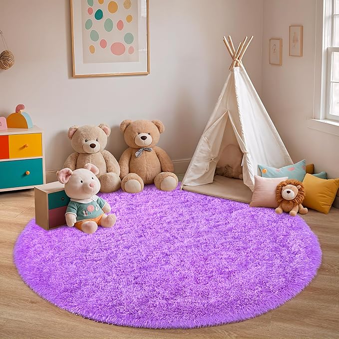 Purple Round Rug for Bedroom, 4Ft Fluffy Circle Area Rugs for Living Room, Shag Fuzzy Carpet for Kids Room, Nursery, Dorm, Classroom, Teen, Cute Baby Play Mat Home Decor Aesthetic
