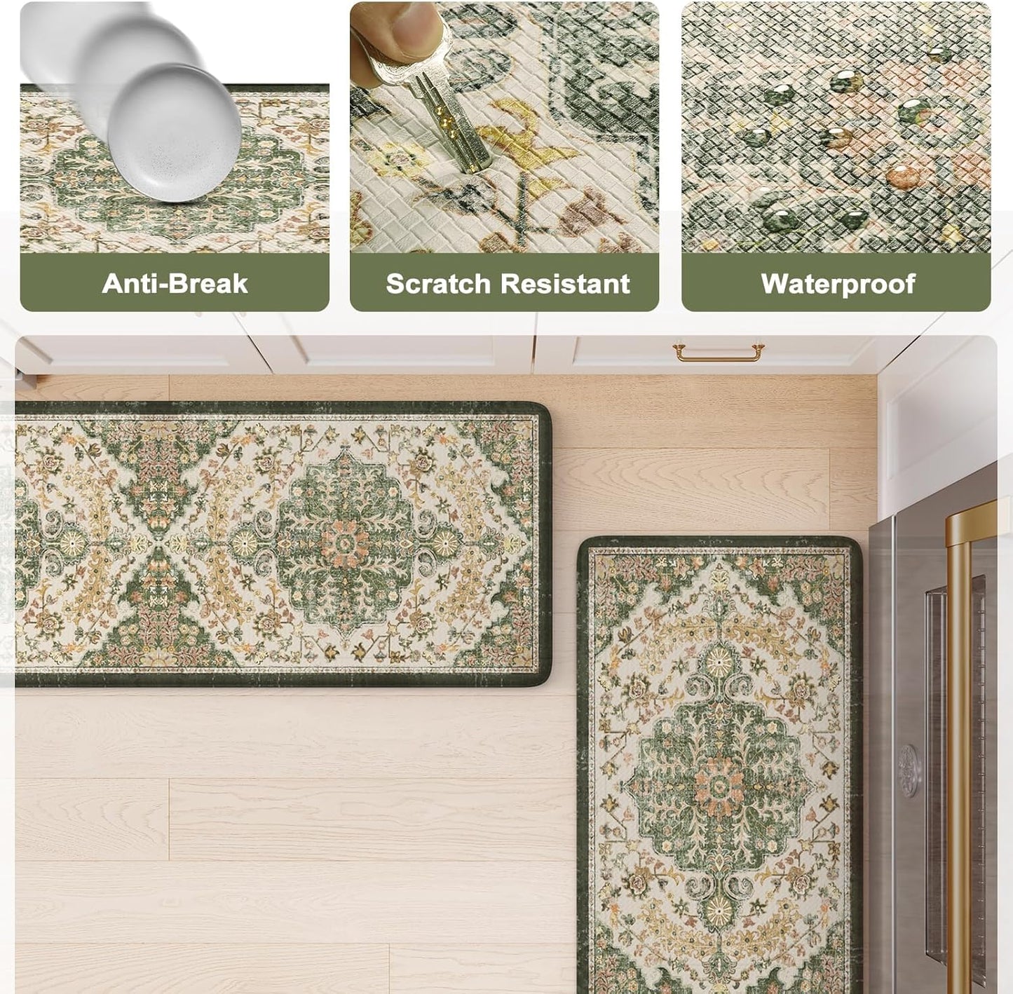 KIMODE Anti Fatigue Kitchen Mat, Farmhouse Kitchen Rugs Sets of 2, Kitchen Floor Mats Non Slip Cushioned, Waterproof Standing Mat for Laundry, Office, Sink, Desk, Green/Yellow 17.3" x 59"+17"x29"