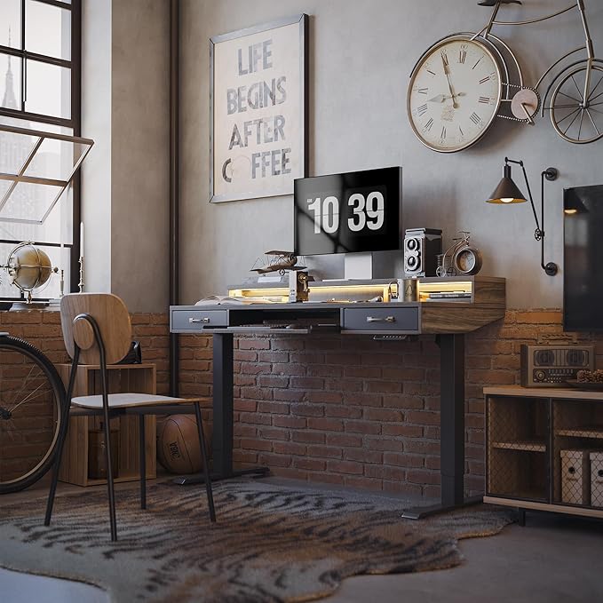 FEZIBO 48 x 24 Inch Height Adjustable Electric Standing Desk with Double Drawers&Keyboard Tray, Stand Up Desk with LED Strips&Monitor Stand,Rustic Grey Top