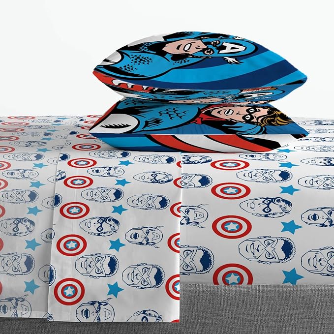 Jay Franco Kids Sheet Set with Fitted, Flat Sheets & Pillow Cover - Ultra-Soft Bedding with Pillowcase for Room Decor, White - Captain America, 4 Piece Full