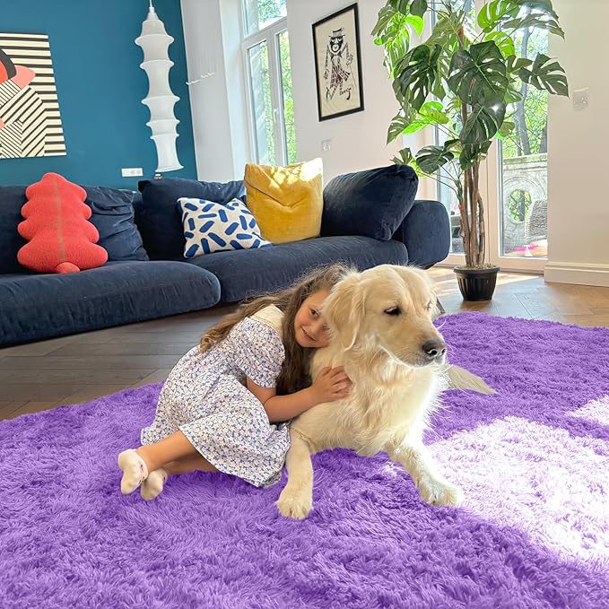 OLANLY Area Rugs for Living Room Bedroom, Machine Washable 4x5.9 ft Soft Fluffy Shaggy Bedside Rug, Indoor Floor Carpet for Kids Girls and Boys, Dorms, Nursery Rooms, Home Decor Aesthetic, Purple