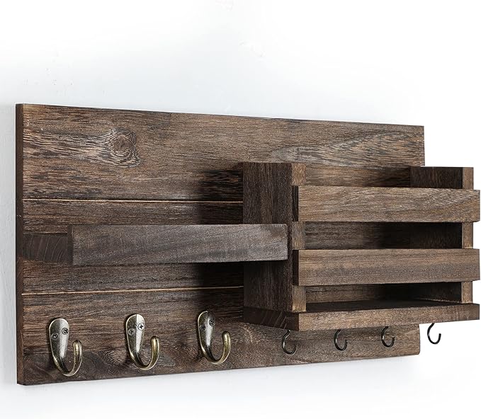 Mail Organizer for Wall Mount – Key Holder with Shelf Includes Letter Holder and Hooks for Coats, Dog Leashes – Rustic Wood with Flush Mounting Hardware (16.5” x 8.7” x 3.5”)